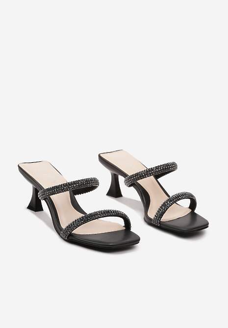 Czarne Klapki na Obcasie Typu Klepsydra z Cyrkoniami Tuminia