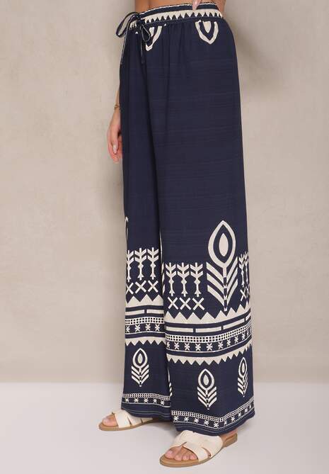 Granatowe Szerokie Spodnie z Wiskozy z Gumką w Talii Zdobione Etnicznym Wzorem Soleldi