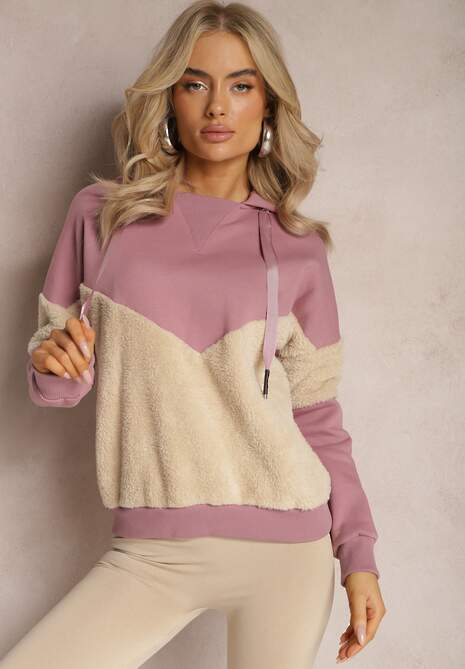Ciemnoróżowa Bawełniana Bluza z Kapturem ze Ściągaczami i Polarem Eurynia