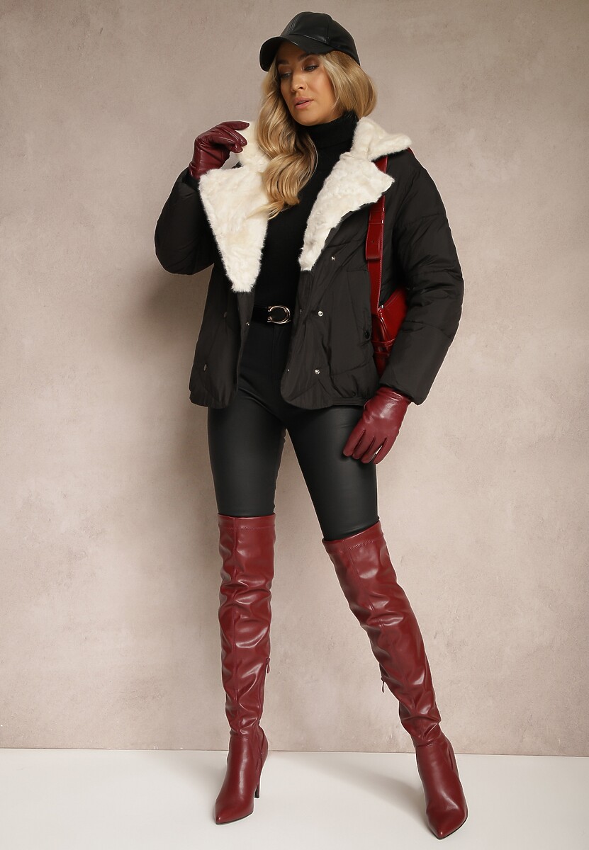 Czarna Kurtka Ozdobiona Pikowaniem Kołnierzem z Futerkiem i Napami Deolina