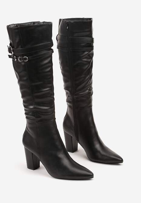 Czarne Kozaki do Kolan na Słupkowym Obcasie ze Sprzączkami na Paskach Miobela