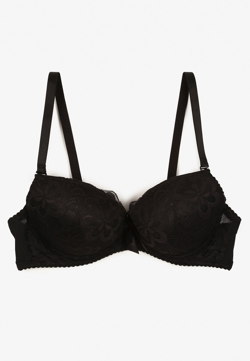 Czarny Biustonosz Push Up z Koronkowym Zdobieniem Ravgis