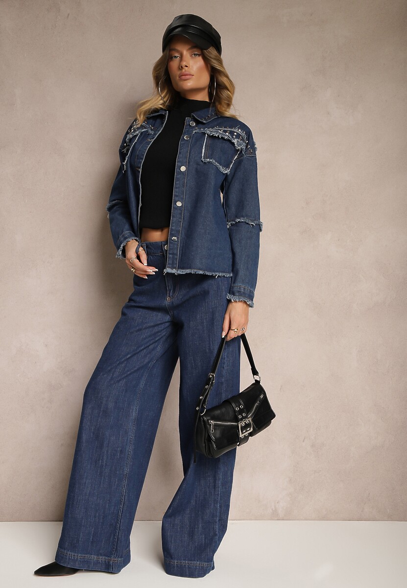 Granatowa Jeansowa Kurtka z Bawełny z Rozprutymi Elementami i Ćwiekami Trudilla