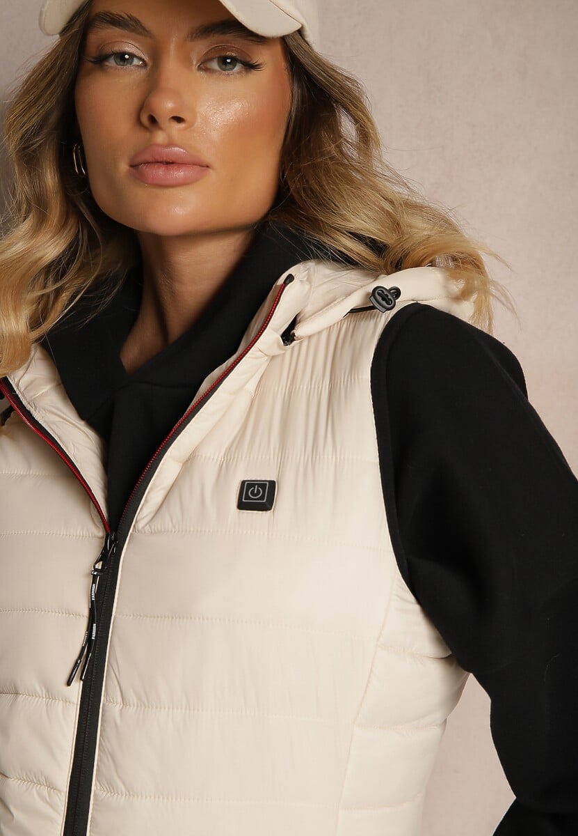 Beżowa Taliowana Kamizelka z Pikowanym Przeszyciem z Kapturem z Możliwością Odpięcia Inadorae