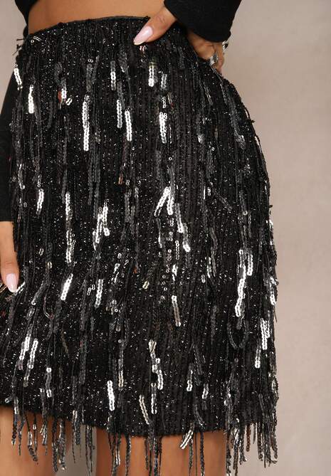 Czarna Spódnica z Cekinami i Frędzlami Rinavelia
