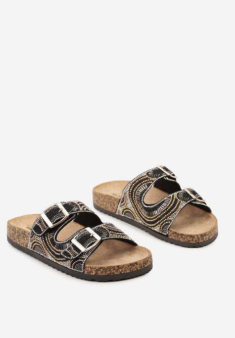 Czarne Klapki na Korkowej Podeszwie Ozdobione Cyrkoniami i Sprzączkami Mikitia