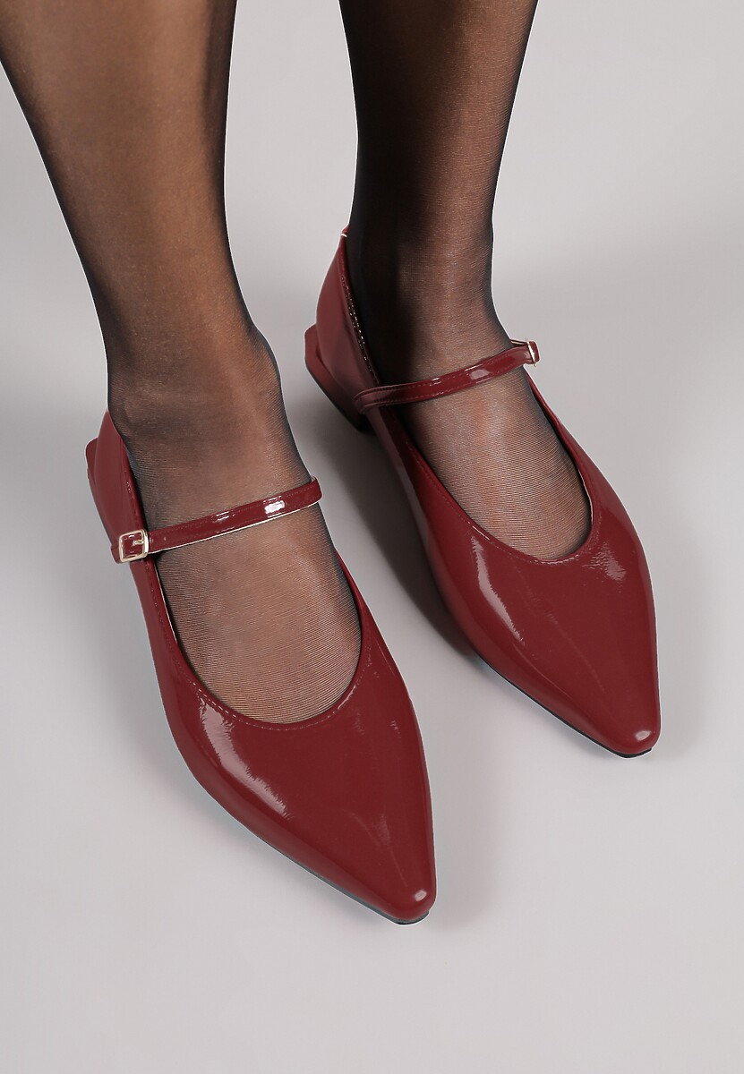 Bordowe Balerinki Mary Jane Vices z Geometrycznym Obcasem i Skórzaną Wkładką Vermene