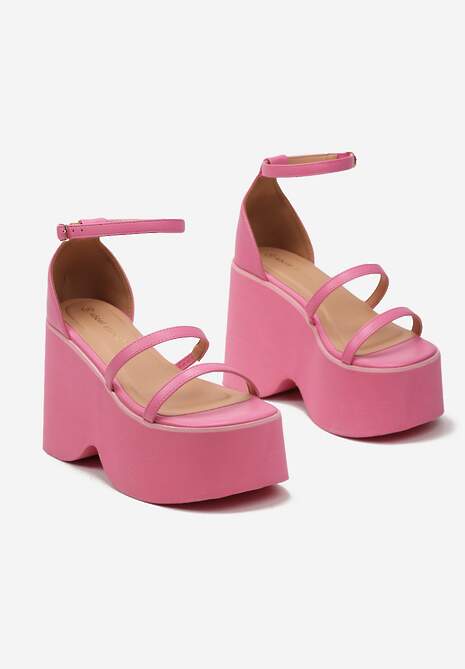 Różowe Wysokie Sandały na Masywnej Platformie i Koturnie z Cienkimi Paseczkami  Taunna