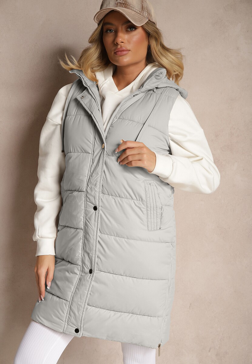 Zielona Kamizelka Pikowana z Kapturem Ozdobiona Sznurkami Eleandra