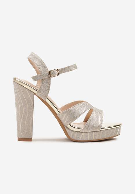 Złote Sandały na Słupku i Platformie z Brokatem Toliranna