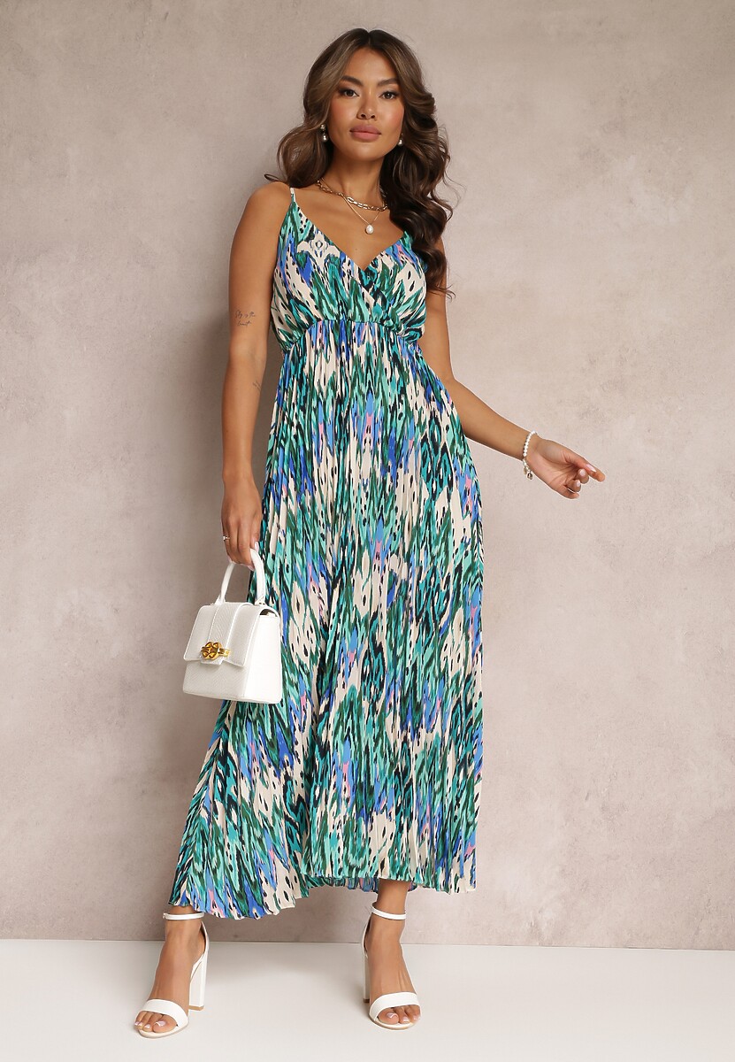 Zielona Plisowana Sukienka Maxi z Gumką w Talii i Kopertowym Dekoltem Iralle