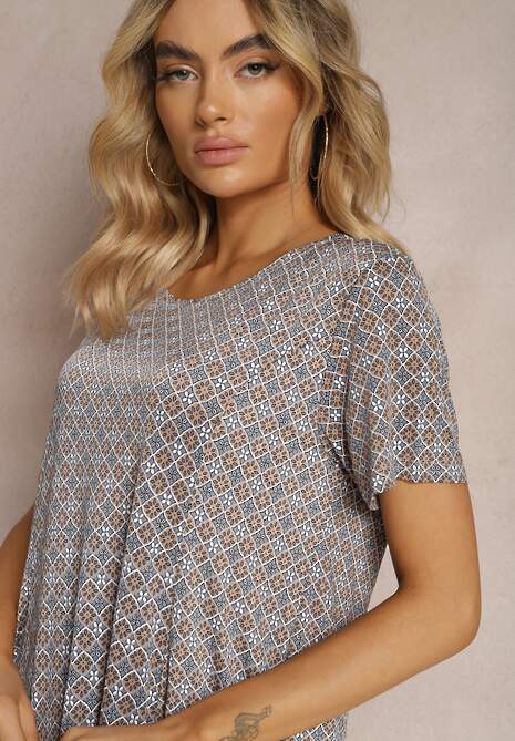 Niebiesko-Beżowa Sukienka Mini z Wiskozy z Rozkloszowanym Dołem Lontassa