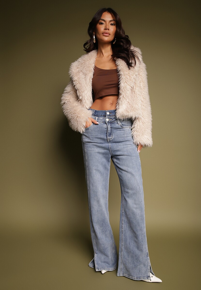 Beżowa Krótka Kurtka Futerko z Szerokim Kołnierzem Areti