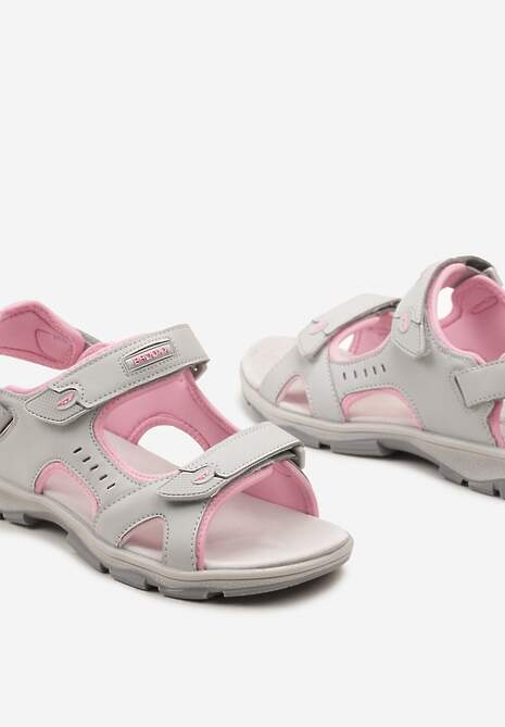 Szaro-Różowe Sportowe Sandały na Płaskiej Podeszwie ze Skórzaną Wkładką Zapinane na Rzep Frailla