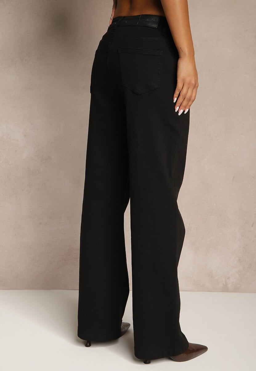 Czarne Bawełniane Jeansy High Waist z Szerokimi Nogawkami Leetie