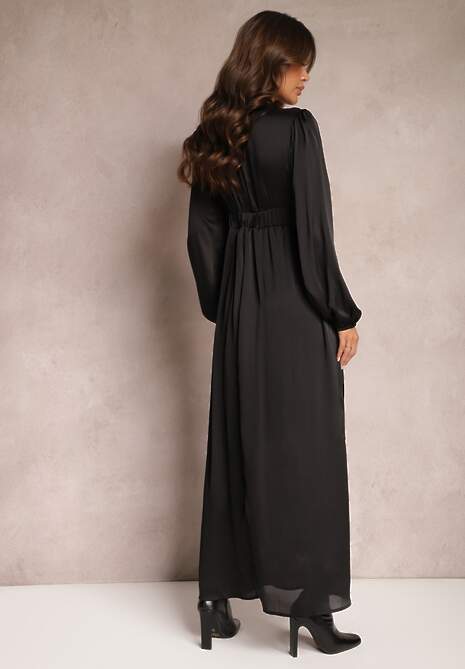 Czarna Gładka Sukienka Maxi o Rozkloszowanym Kroju z Luźnymi Rękawami i Trójkątnym Dekoltem Biswas
