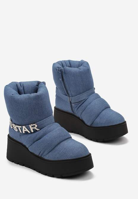 Niebieskie Pikowane Śniegowce na Platformie z Ozdobnym Paskiem i Metalicznym Napisem Sarva