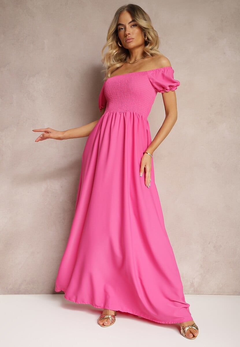 Różowa Sukienka z Gumeczkami w Talii i Przy Dekolcie z Rozkloszowanym Dołem Anideta