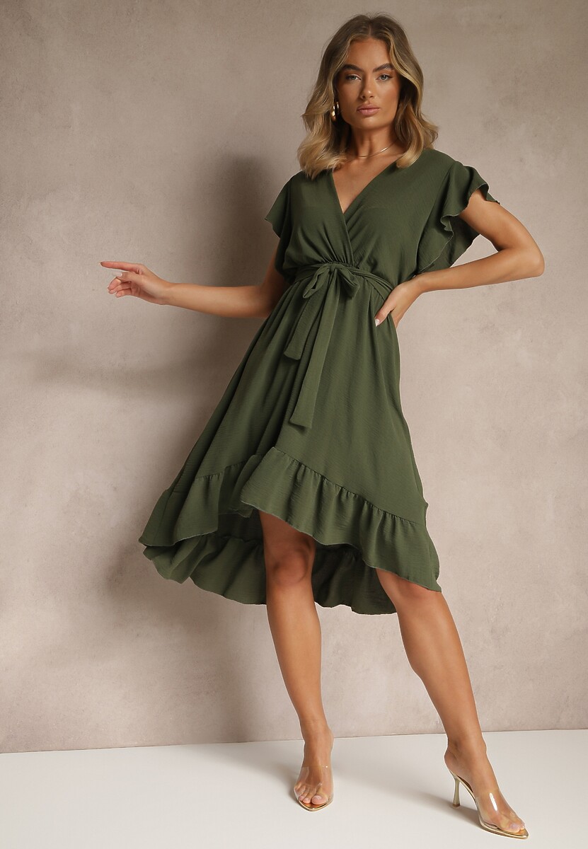 Ciemnoróżowa Sukienka o Rozkloszowanym Kroju z Paskiem i Falbanką Nativese