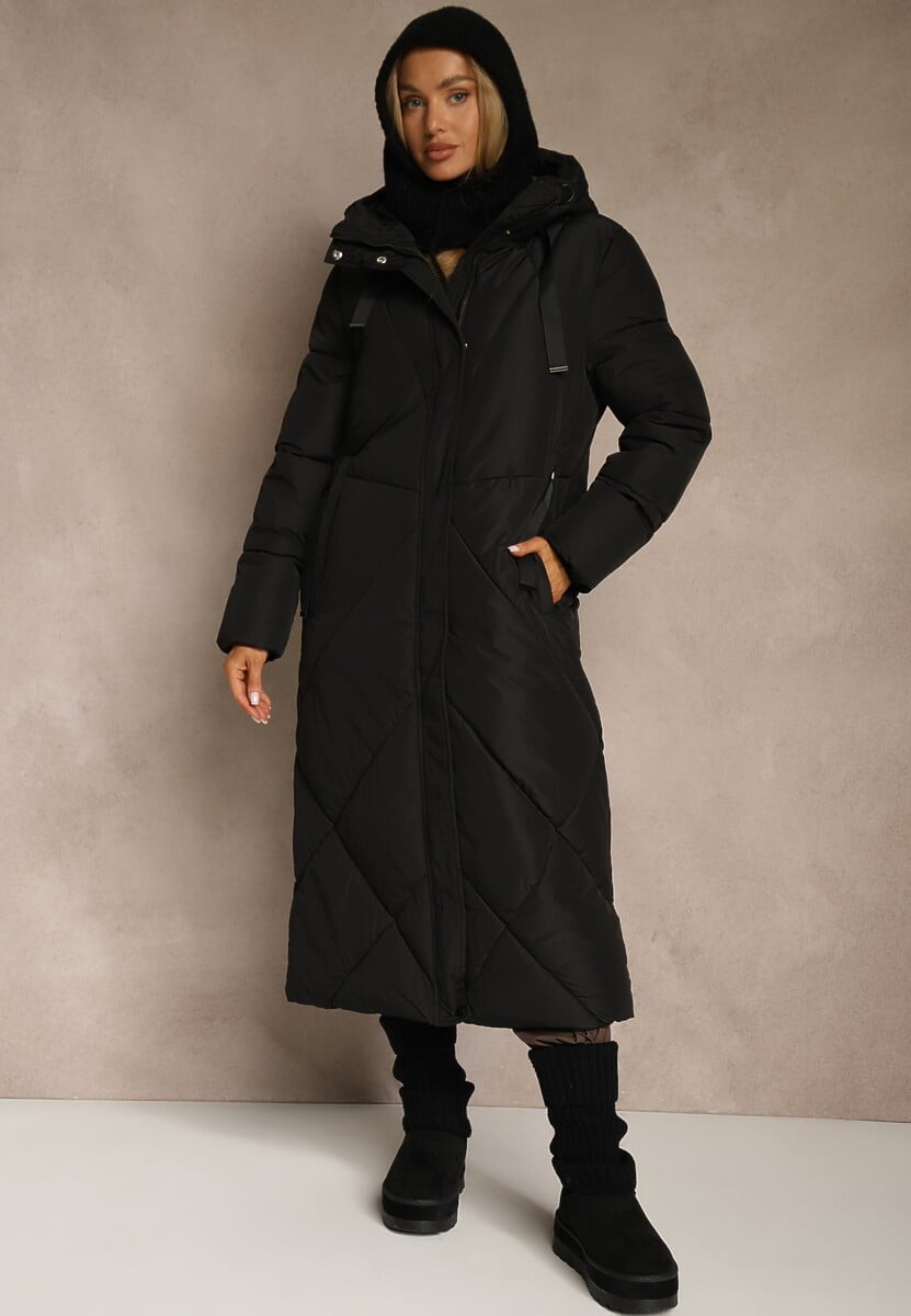 Czarna Pudełkowa Kurtka o Długim Kroju z Pikowanymi Przeszyciami Kapturem i Kieszeniami Calatta