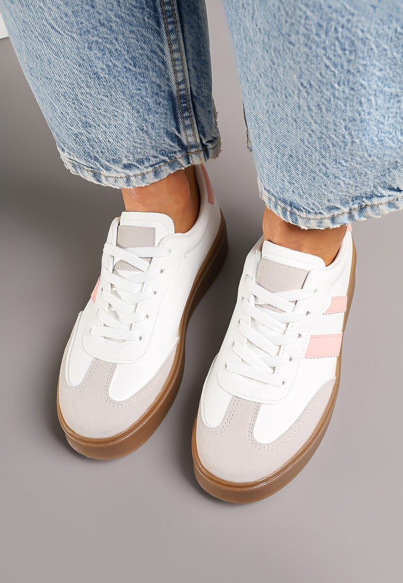 Biało-Różowe Sneakersy na Kauczukowej Podeszwie Ozdobione Paskami Nilimea