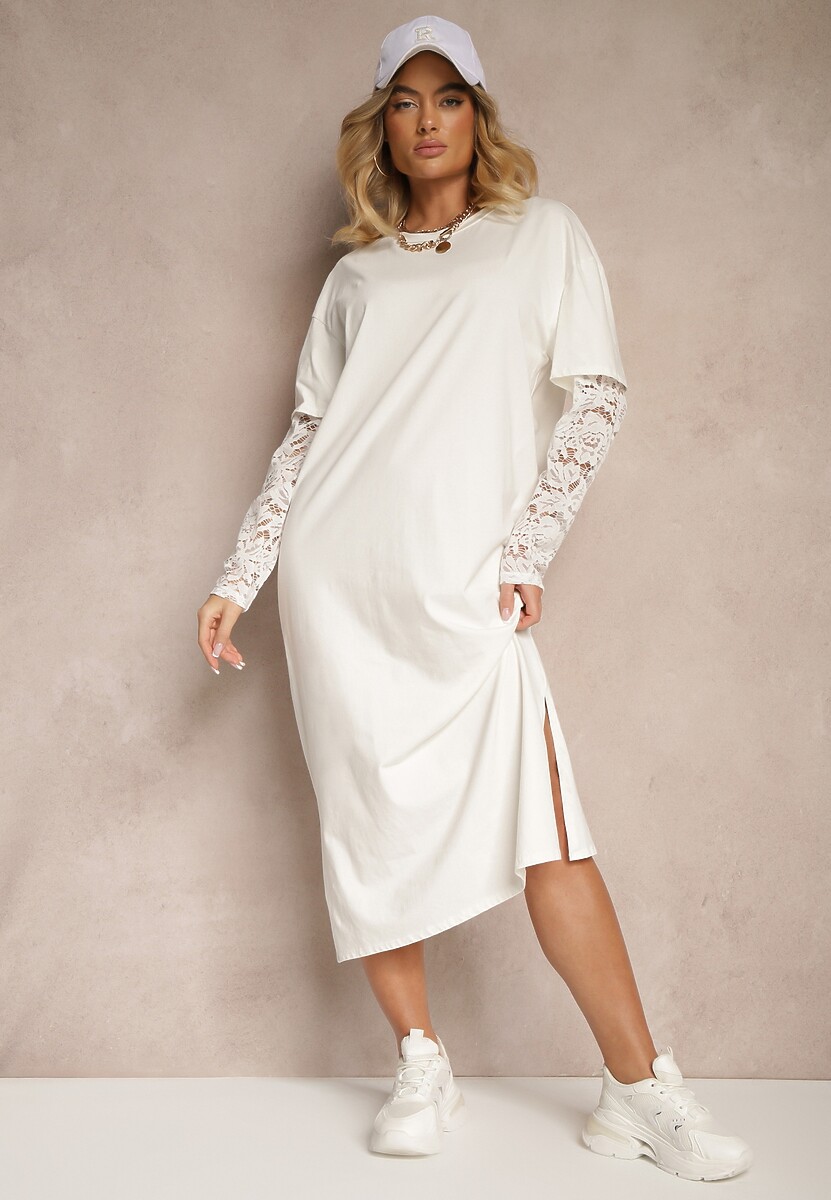 Jasnobeżowa Sukienka z Bawełny o Kroju Typu T-shirt z Koronką i Rozcięciami Tanisla