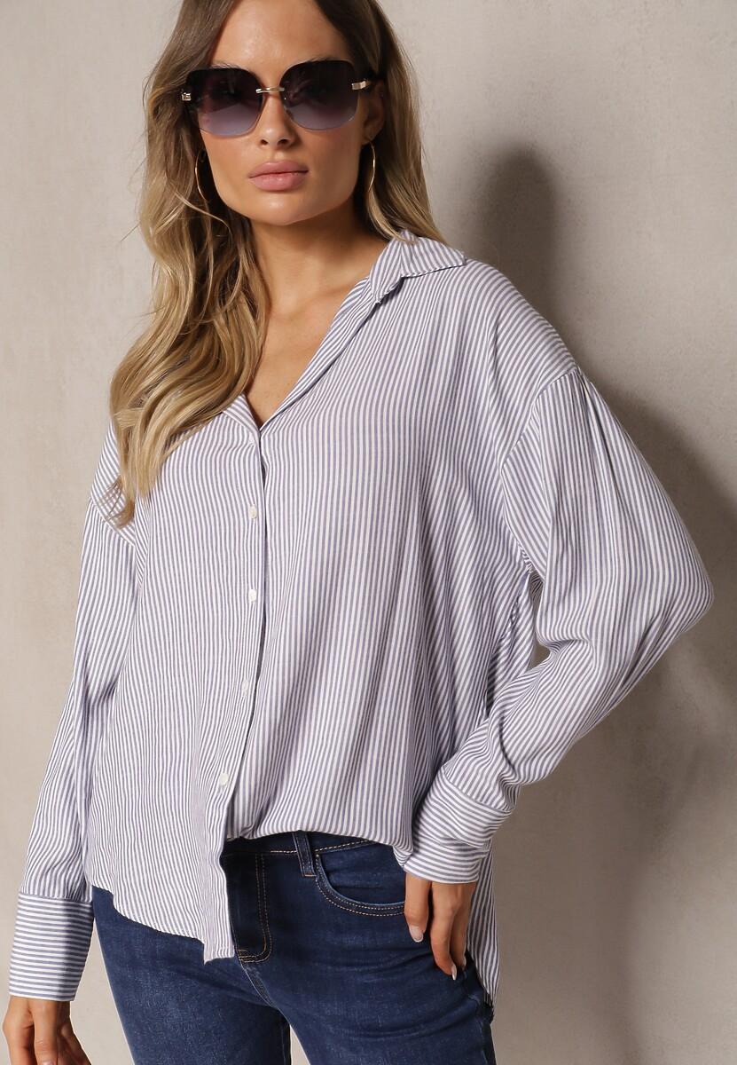 Granatowa Koszula z Lnu i Wiskozy Ozdobiona Wzorem w Paski Iveleira