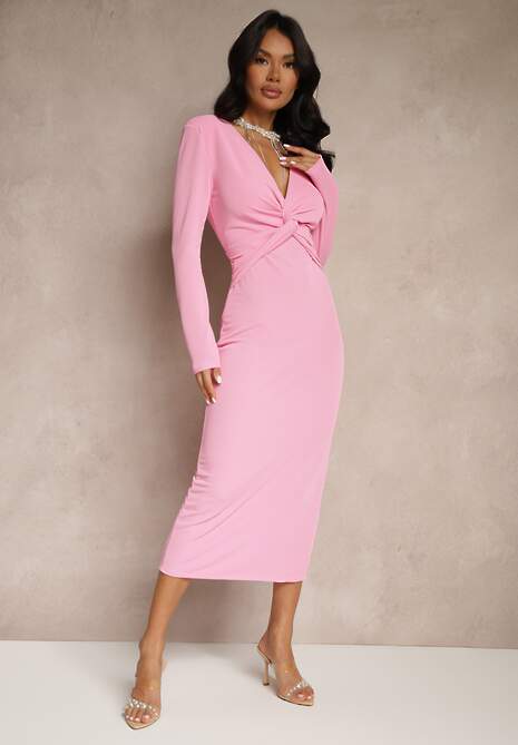 Różowa Kopertowa Sukienka Koktajlowa z Usztywnionymi Ramionami Lavsedi