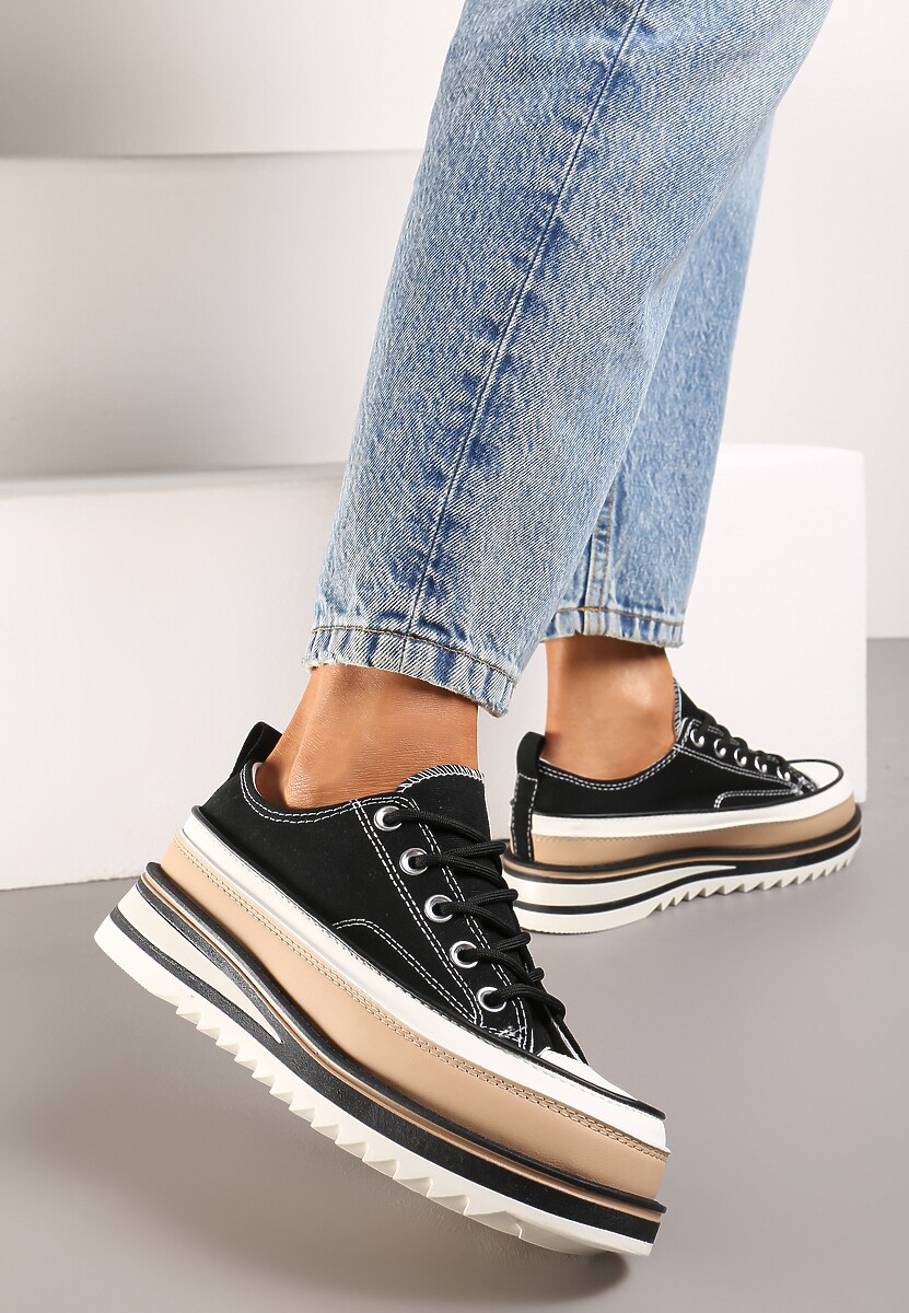 Czarne Trampki na Ozdobnej Platformie ze Sznurowaniem Moonoria