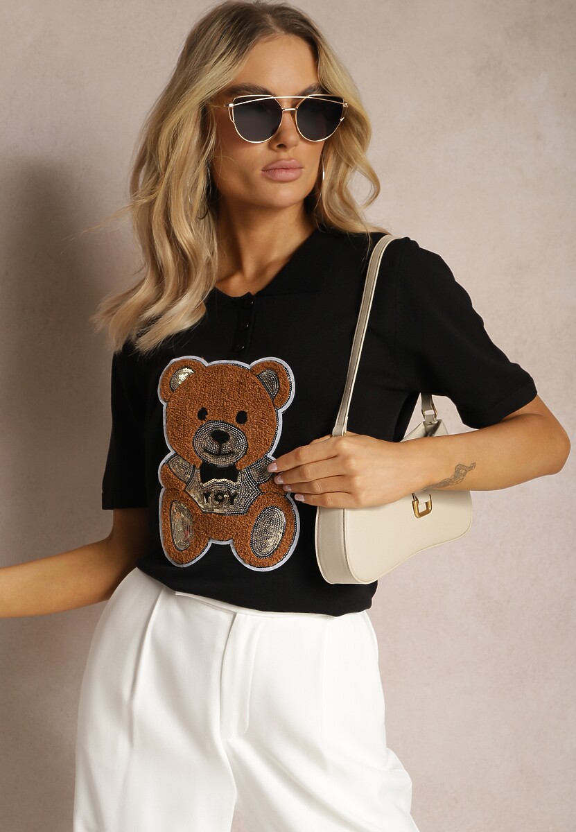 Biała Bluzka z Wiskozy Ozdobiona Cekinami z Nadrukiem Misia Tivenna