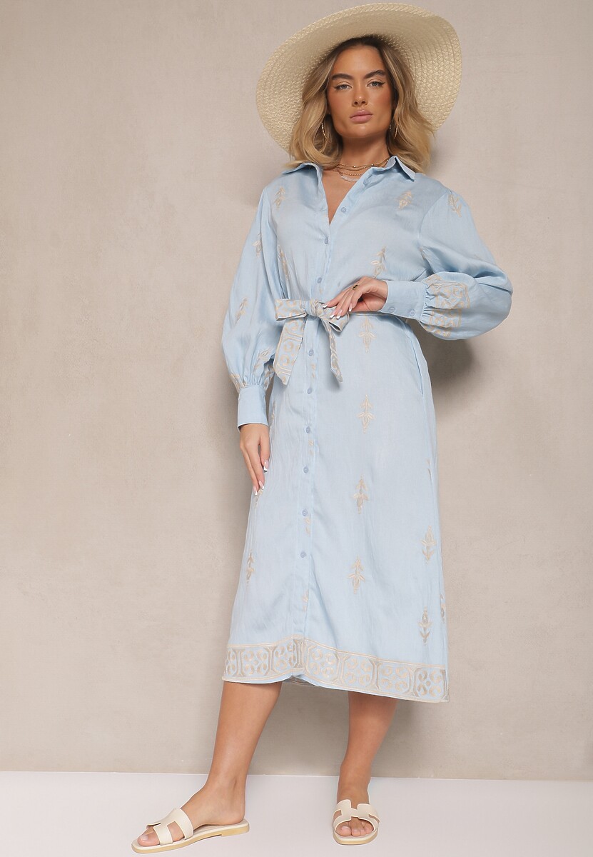 Niebieska Koszulowa Sukienka w Stylu Szmizjerki z Wiskozy Wiązana w Talii Telaniwena
