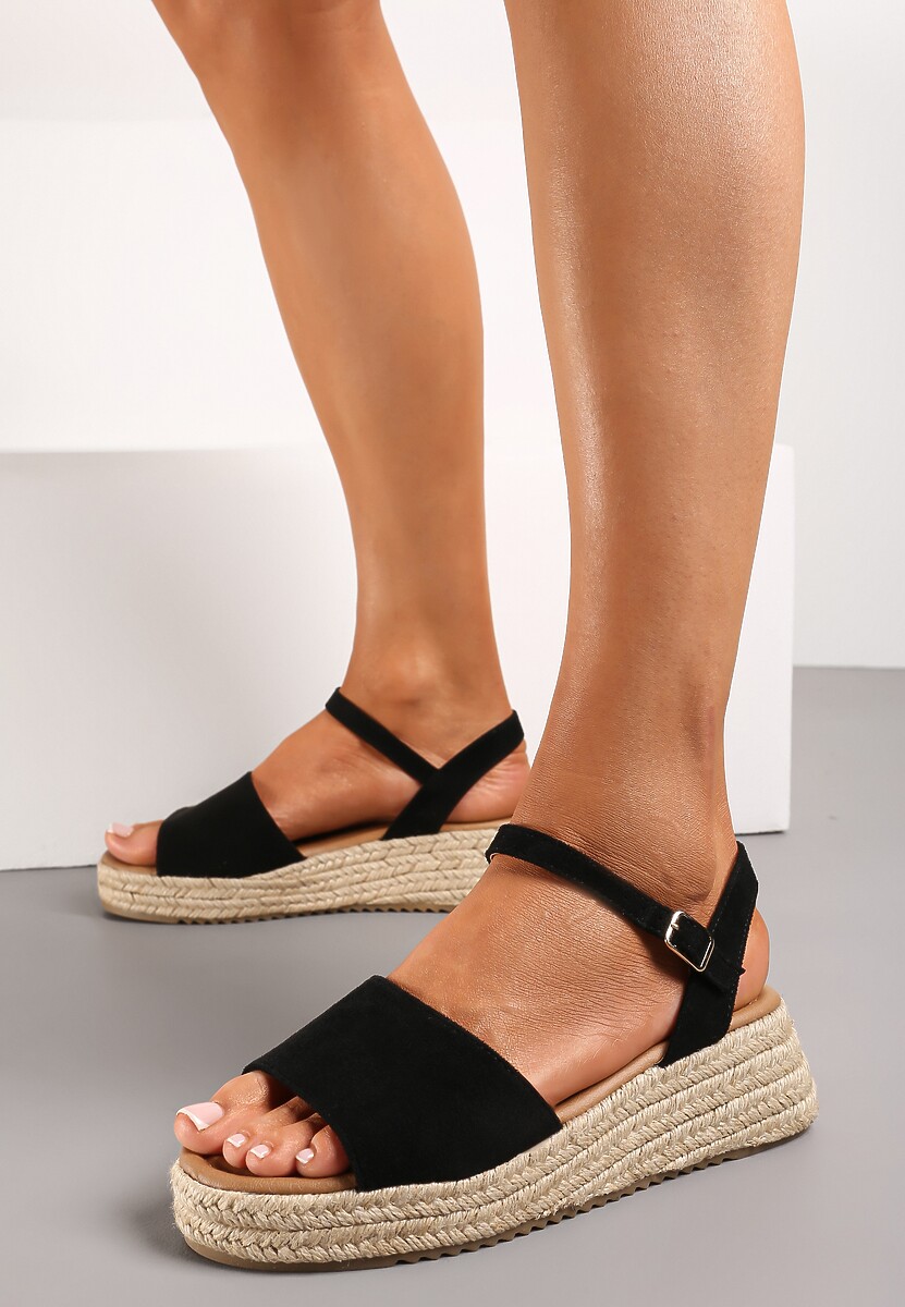 Czarne Sandały z Plecionki z Paskiem Wokół Kostki i Sprzączką Tidalia