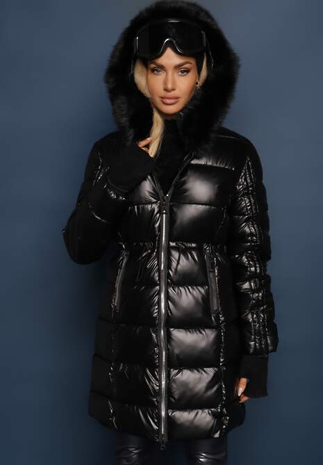 Czarna Kurtka Pikowana z Futrzanym Kapturem Cohine