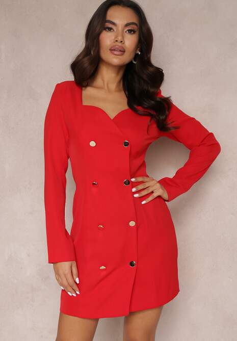 Czerwona Sukienka Marynarka Taliowana z Guzikami Zinoma