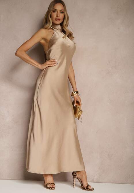 Beżowa Sukienka Satynowa z Dekoltem Halter i Odkrytymi Plecami Belas