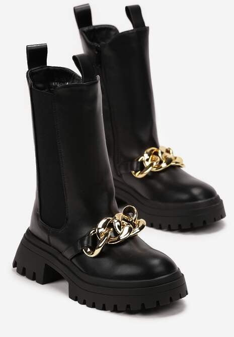 Czarne Botki Workery na Grubej Podeszwie z Łańcuchem Sylasse
