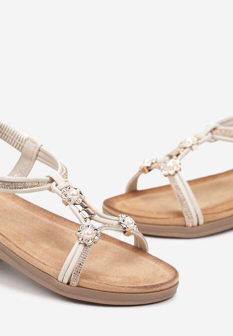Beżowe Wsuwane Sandały z Ozdobnymi Koralikami i Cyrkoniami Hiramla