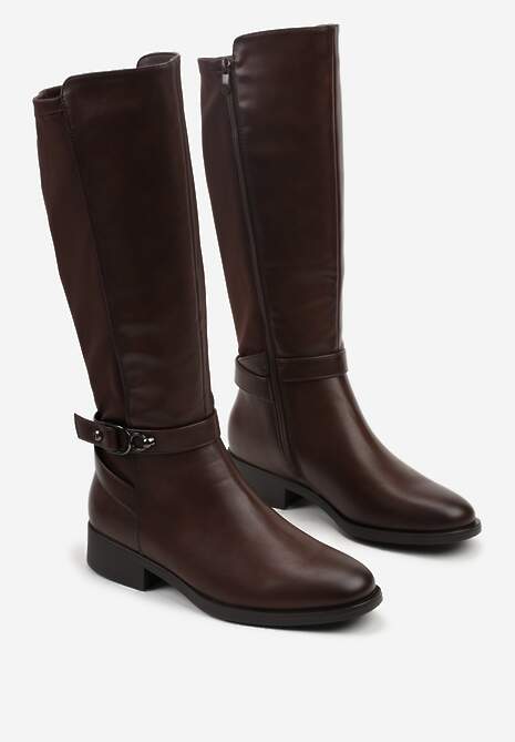 Brązowe Kozaki w Stylu Oficerek Ozdobione Klamrami Otima