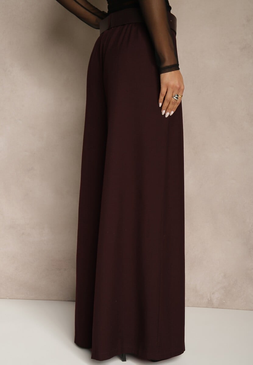 Bordowe Szerokie Garniturowe Spodnie z Bawełny High Waist Ozdobione Paskiem Tusneva