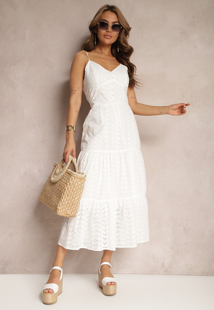 Biała Bawełniana Sukienka z Cienkimi Ramiączkami o Haftowanym Wykończeniu z Gumką w Talii Lomila