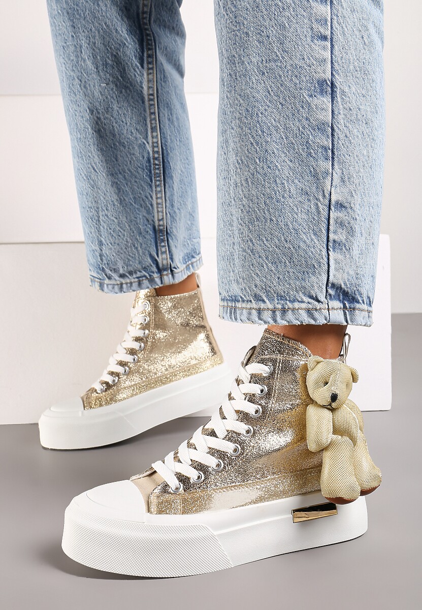 Złote Metaliczne Trampki za Kostkę na Grubej Podeszwie z Aplikacją w Kształcie Misia Ivarina
