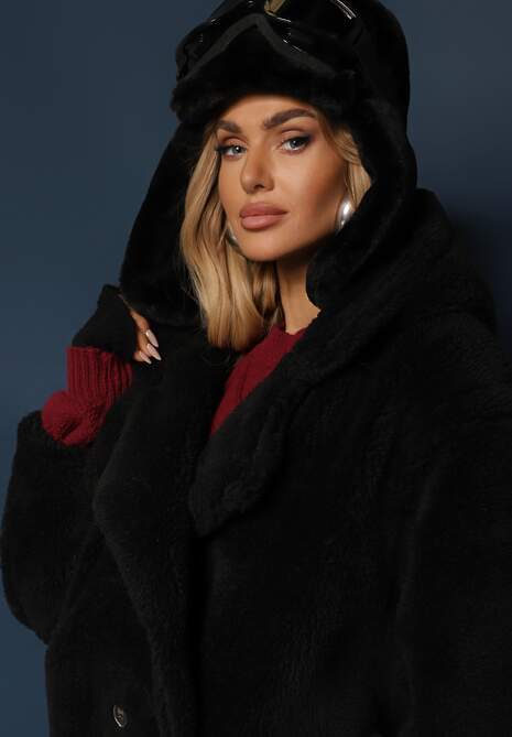 Czarna Futerkowa Kurtka Teddy z Kapturem z Wsuwanymi Kieszeniami Gerovia