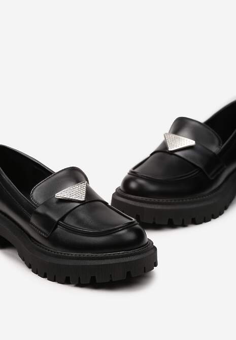 Czarne Mokasyny z Ekoskóry na Grubej Podeszwie z Klamrą z Cyrkoniami Azzelia