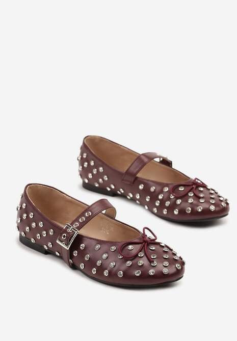 Bordowe Balerinki z Ozdobnymi Nitami i Kokardą Ridiante