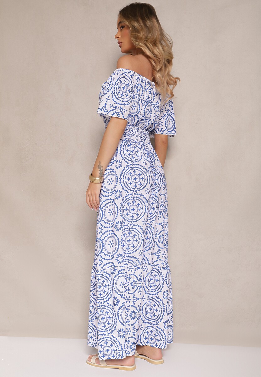 Niebiesko-Biała Sukienka o Rozkloszowanym Kroju z Bawełną w Abstrakcyjny Wzór Ldivena