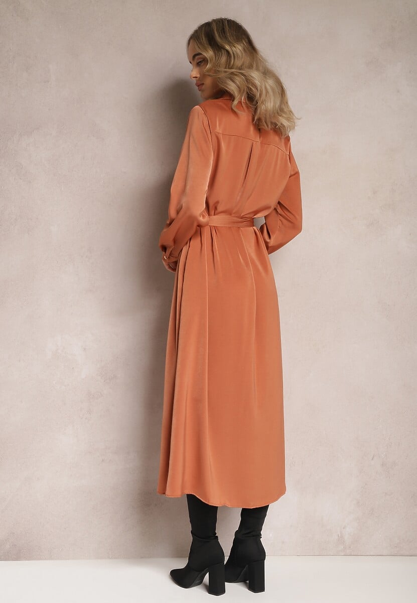 Różowa Rozkloszowana Sukienka Koszulowa z Paskiem Physsa