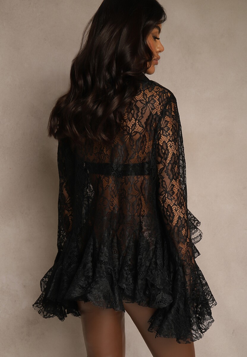 Czarna Koszula z Koronki z Falbankami Ezifina