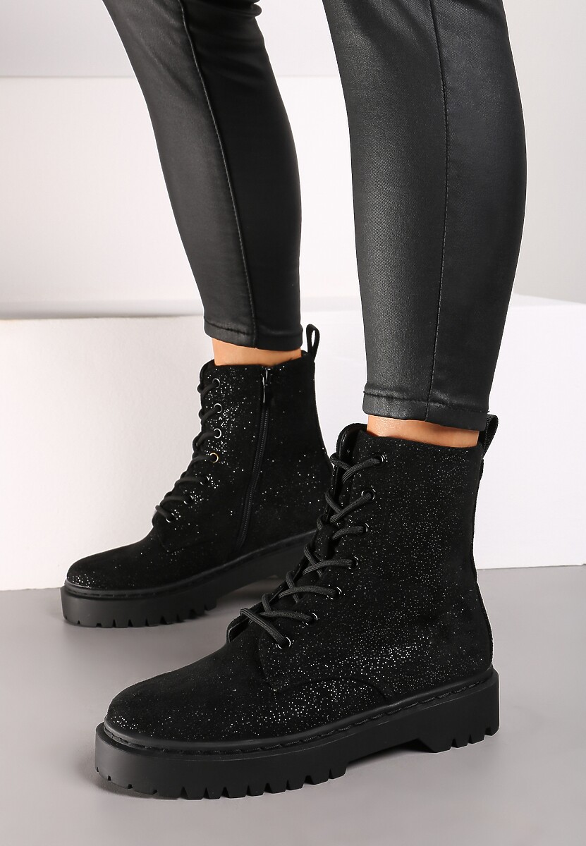 Czarne Botki Workery na Płaskiej Podeszwie Ozdobione Brokatem Lilitia