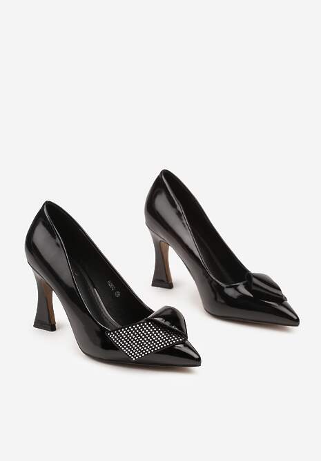 Czarne Czółenka na Obcasie Typu Klepsydra Zdobione Aplikacją z Cyrkoniami Rialese