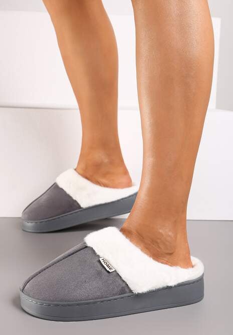 Szare Kapcie na Płaskiej Podeszwie z Futerkiem Lerivena